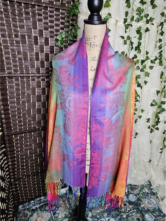 pashmina Accessories - 100% Pashmina Multicolor Scarf Shawl Boho Rave Festival Whimsigoth Wrap Fringe